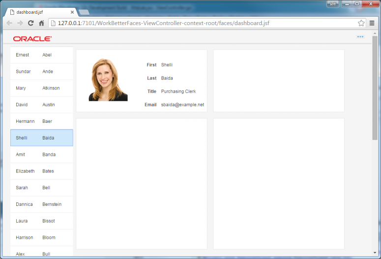 This screenshot shows a browser page with the name of the employees to the left. The first region to the right displays the   Image, First, Last, Title, and Email address of the selected employee.