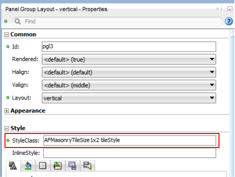 This screenshot shows the Properties pane for the third Panel Group Layout. The Style Class property value is set to A F      Masonry Tile Size 1 x 2 tile Style.