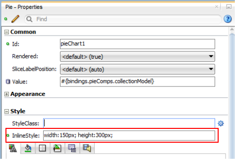 This screenshot shows the Properties pane for the pie chart. The Inline Style property shows the values set for width and height.
