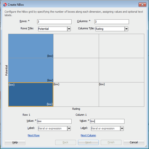 This screenshot shows the Create N Box dialog. The first column is highlighted and the value of Row 1 and Column 1 is set to  low.
