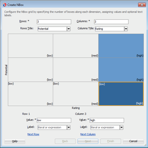 This screenshot shows the Create N Box dialog. The Column 2 value is set to med and Column 3 is highlighted and the value is  set to high.