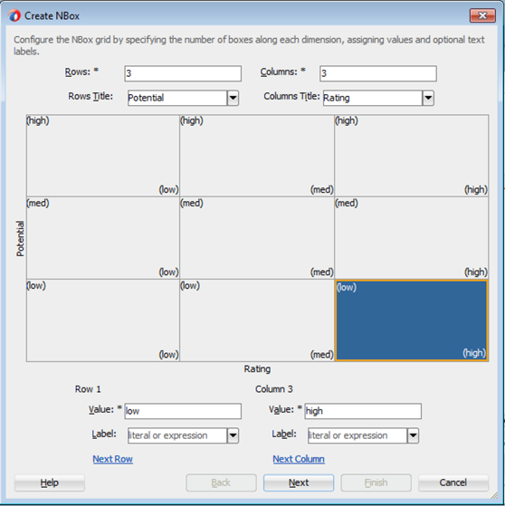 This screenshot shows the Create N Box dialog with Row 1 value set to high, Row 2 set to med, and Row 3 set to low.
