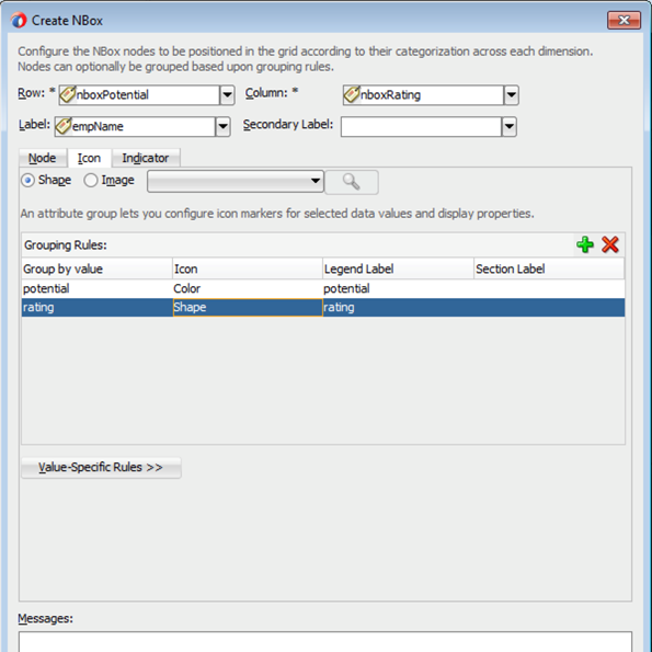 This screenshot shows page 2 of Create N Box wizard. In the icon tab, Shape is selected and two Grouping Rules are displayed.