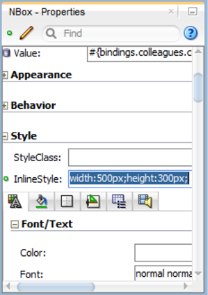 This screenshot shows the Properties pane for the N Box. The Inline Style property shows the values set for width and height.