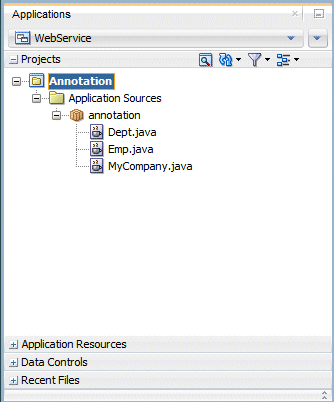 Application Navigator showing Department, Employee, and My Company java classes
