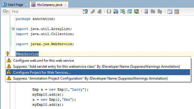 Java editor window configure for web service