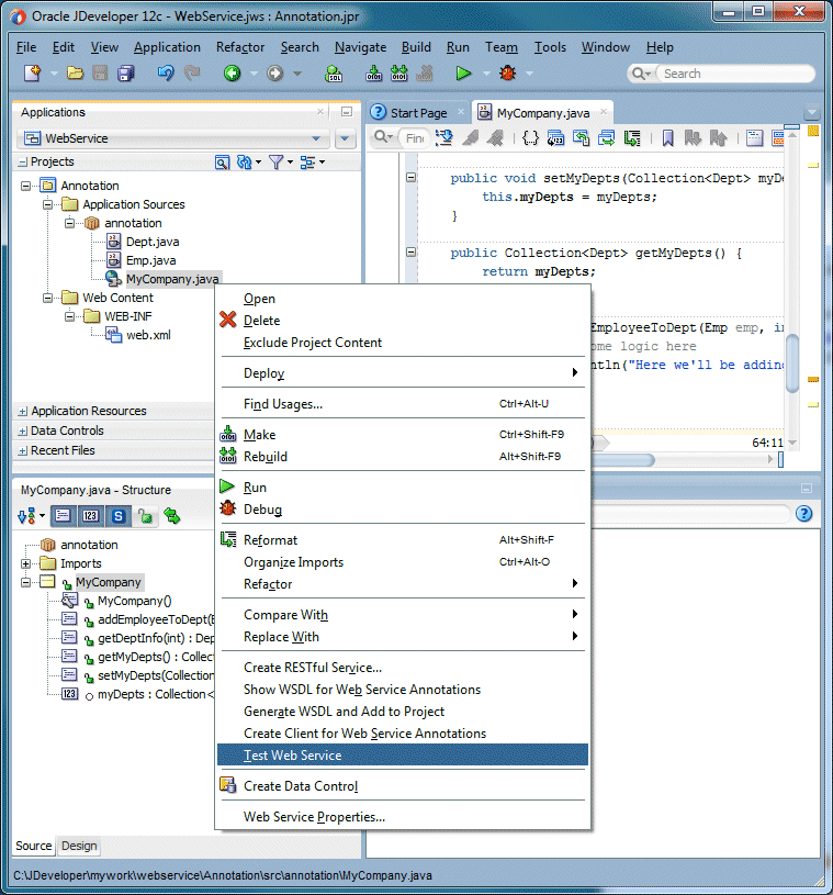 application navigator select test web service