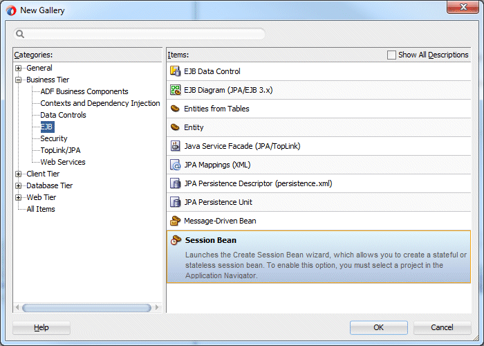 new gallery create session bean