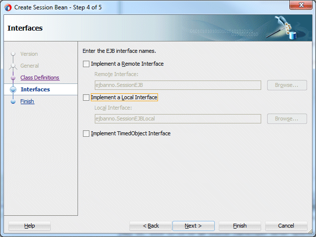 create session bean interface page