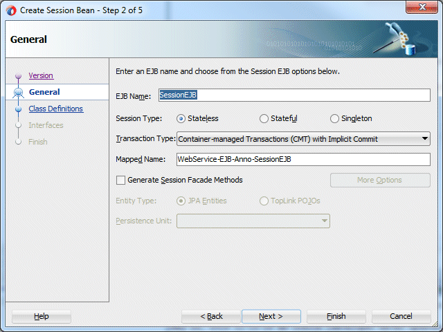 create session bean interface page