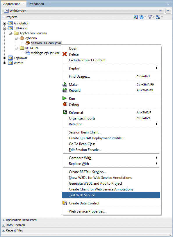 application navigator select Test Web Service