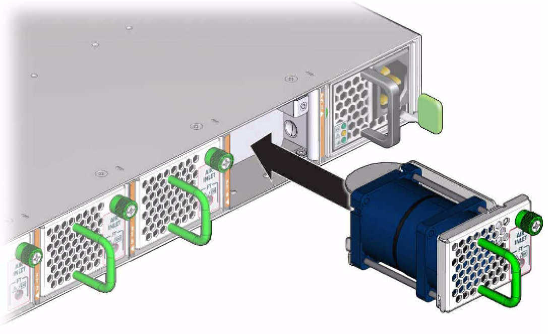 image:Figure shows sliding the fan module into the slot.