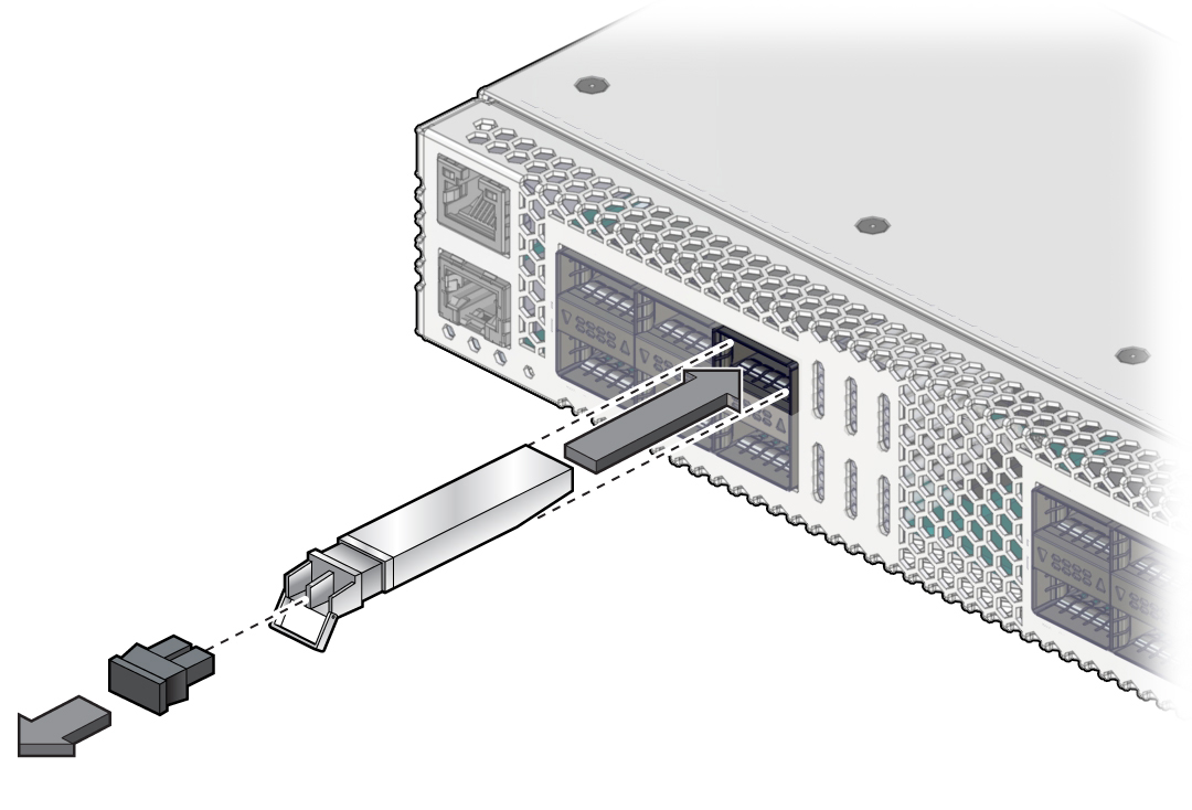 image:Figure shows how to insert a transceiver in the switch.
