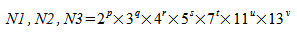 image:N1, N2, N3 = 2^p times 3^q times 4^r times 5^s times 7^t times                                 11^u times 13^v