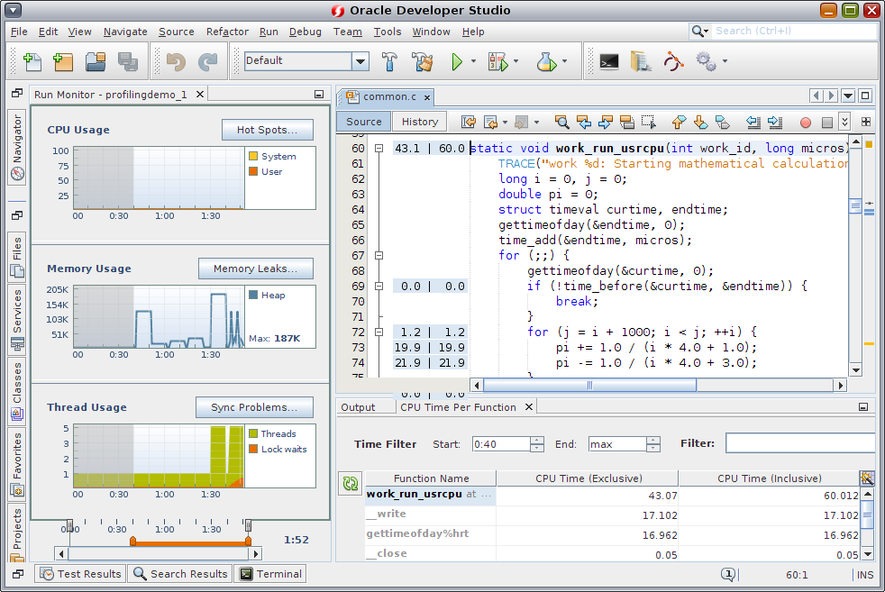 image:CPU Usage usage details of work_run_usrcpu function, with CPU                                 times and the Time Filter start time box outlined.