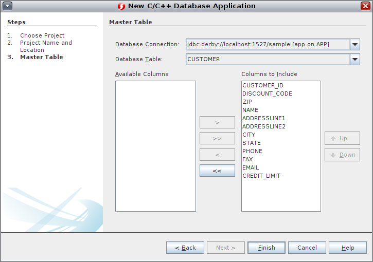 image:New Project wizard Master Table page for Oracle Database                             Project