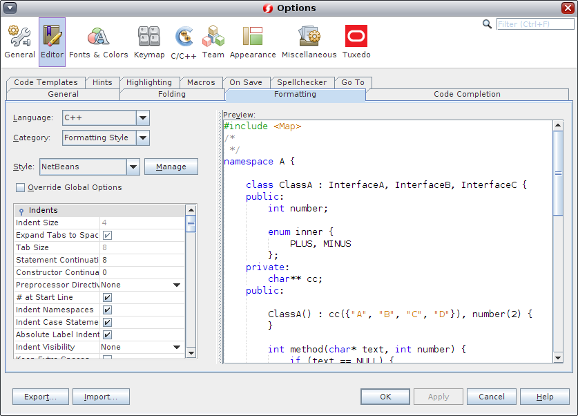 image:Formatting tab in Options dialog box
