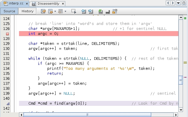 image:Editor window with line breakpoint on line                                                 127