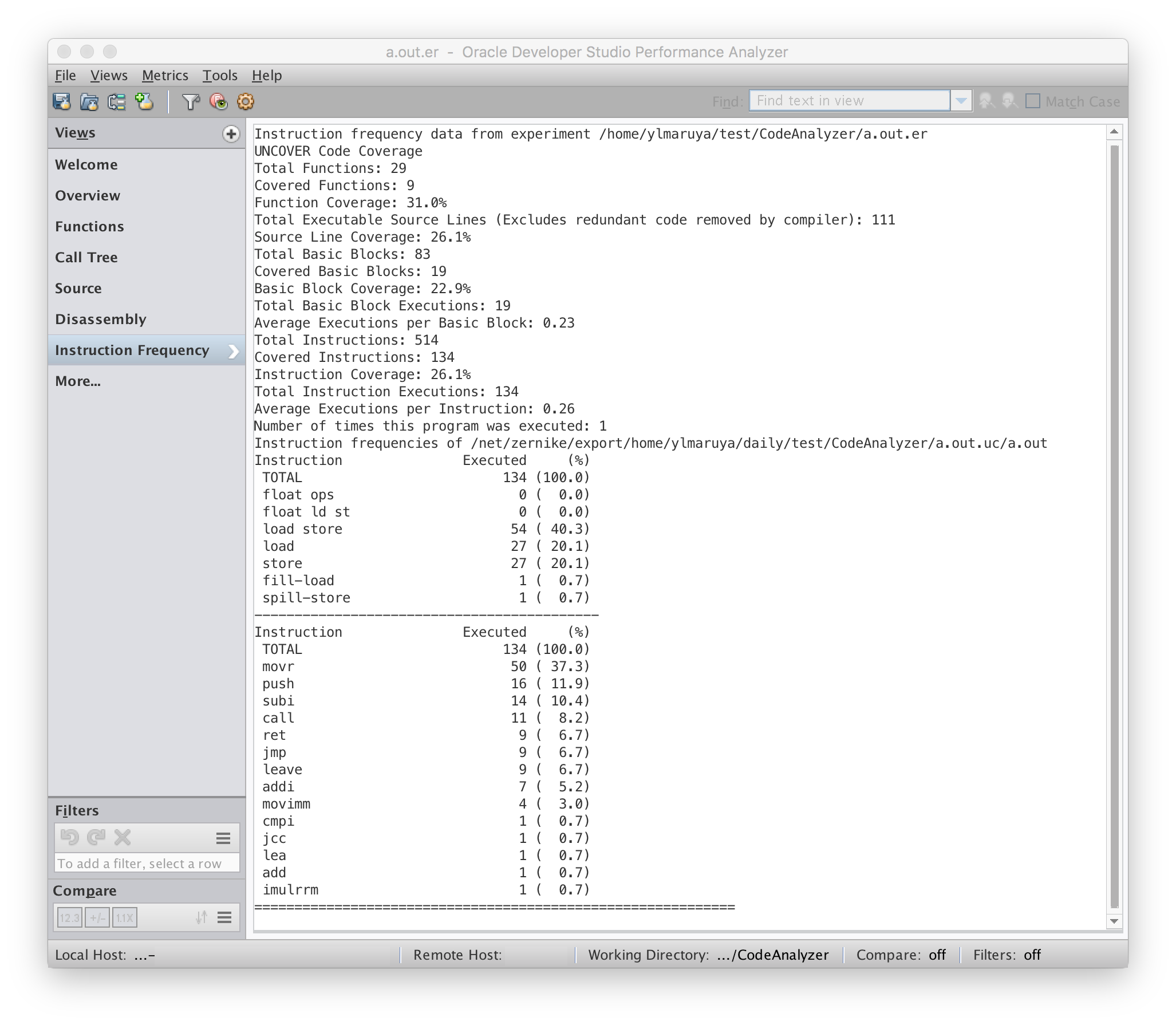 image:Instruction Frequency view of Uncover report for Performance                         Analyzer