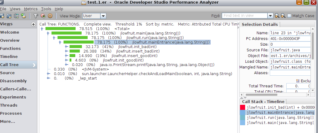 image:Call Tree view shows dynamic call graph of the program annotated with performance metrics