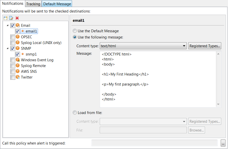 Example of email alert destination