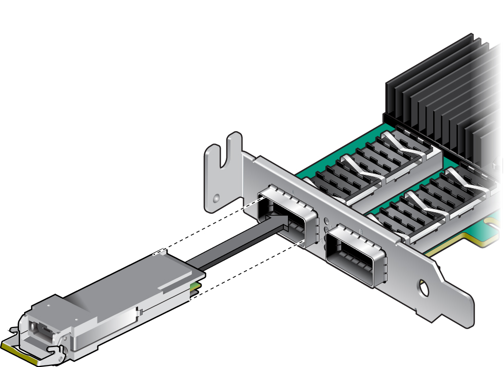 image:Figure showing inserting an optical transceiver into a slot on the                             Low Profile adapter.
