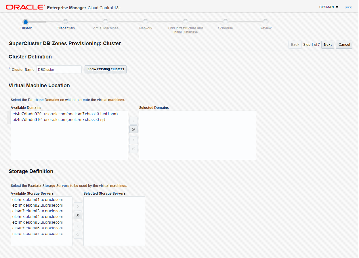 This image shows the database domains on which to create the virtual machines and the Exadata Storage Servers to be used by the virtual machines. This image shows the database domains on which to create the virtual machines and the Exadata Storage Servers to be used by the virtual machines.