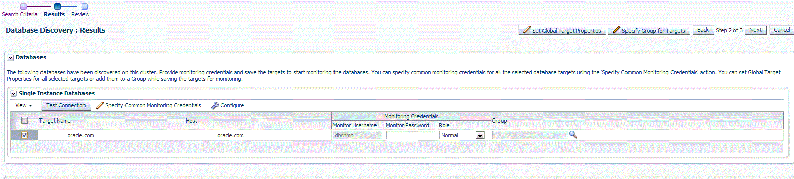 Database Discovery Results instance page Database Discovery Results instance page