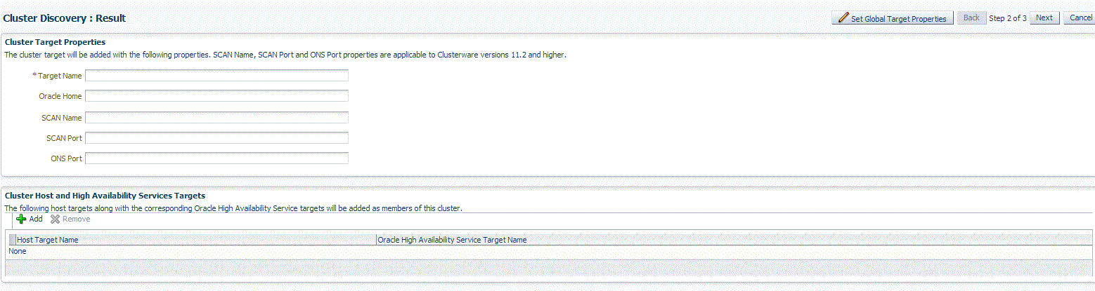 Cluster target properties page Cluster target properties page