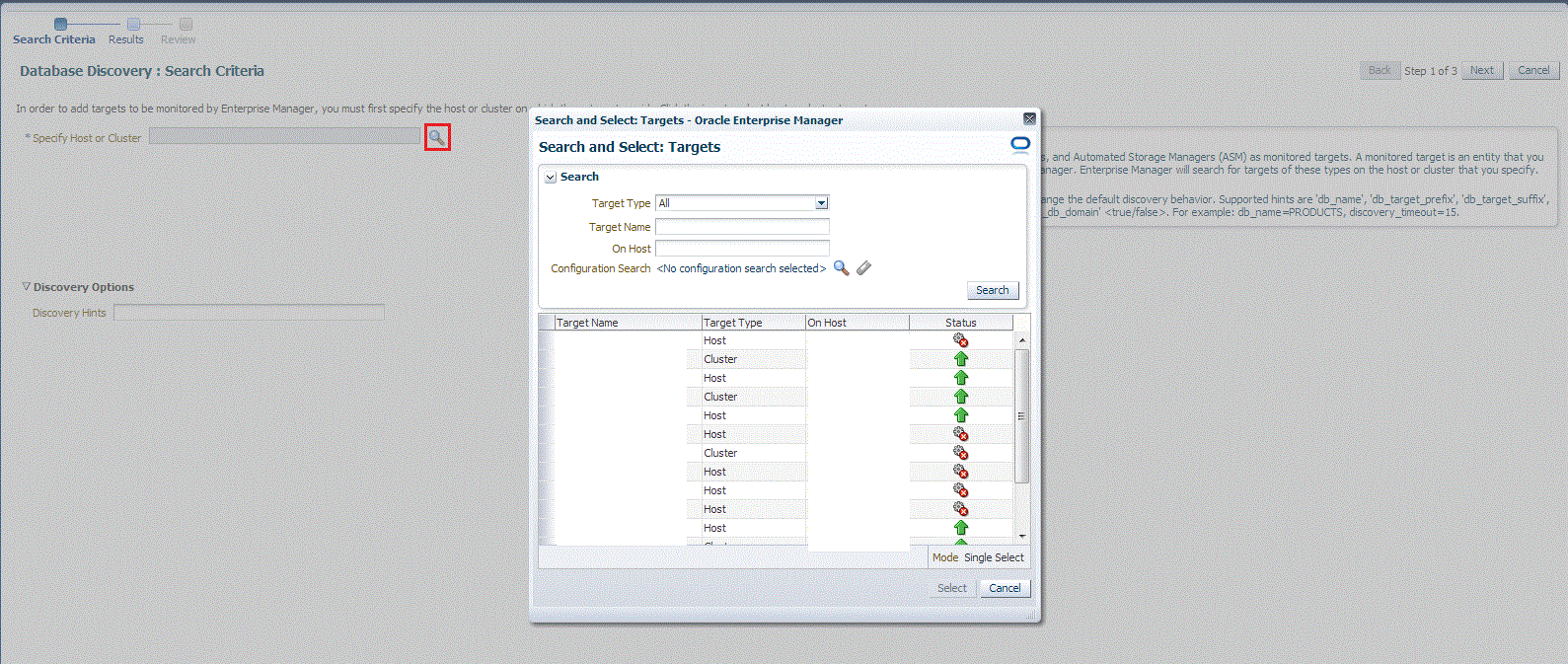 Database discovery search criteria page Database discovery search criteria page