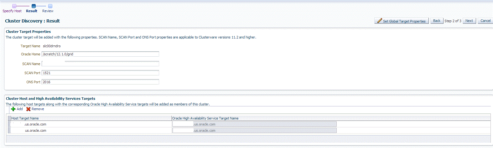 Cluster Discovery Results page Cluster Discovery Results page