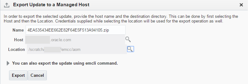 Export Update to a Managed Host dialog. Export Update to a Managed Host dialog.