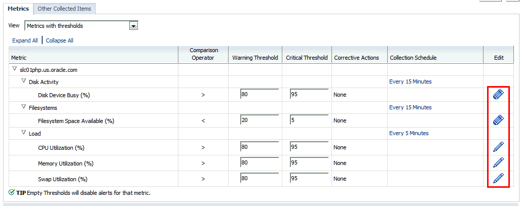 Metric and Collections settings