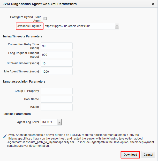JVM Diagnostics Agent web.xml Parameters dialog box JVM Diagnostics Agent web.xml Parameters dialog box