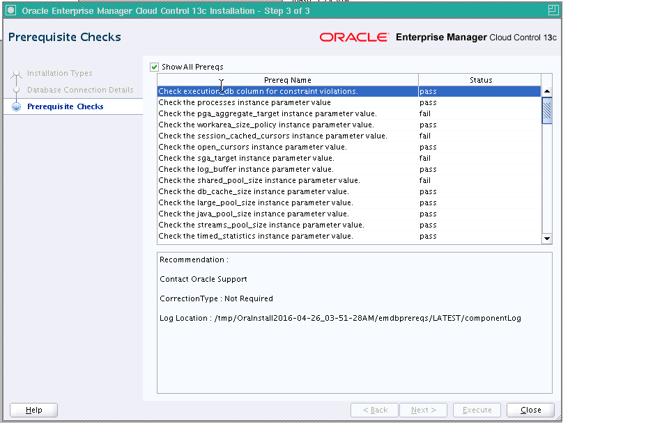 Enterprise Manager Prerequisite Checks