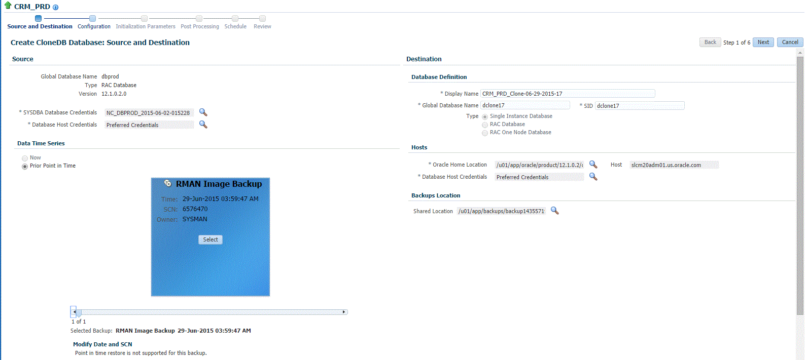 Create CloneDB Source and Destination page