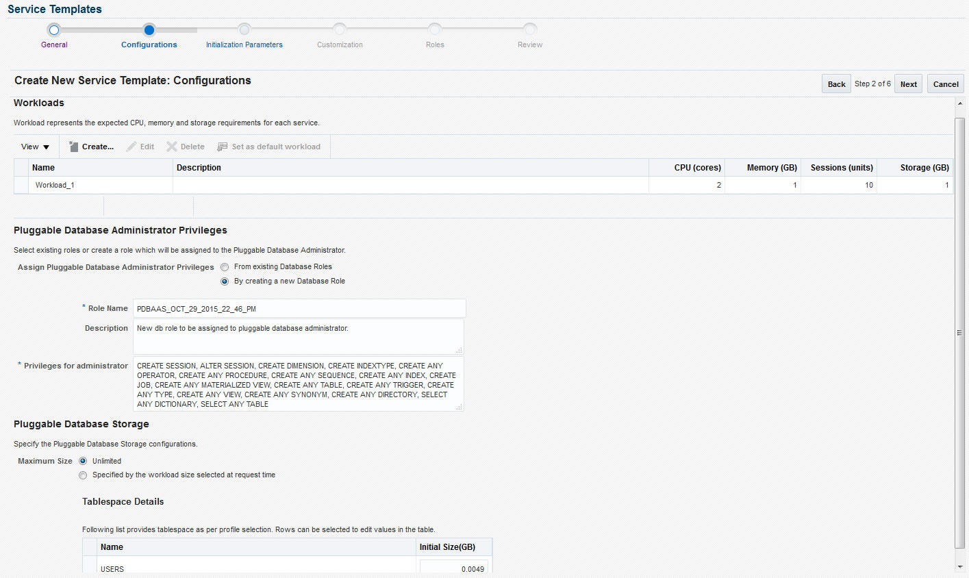 Create Service Template: Configurations (PDB)