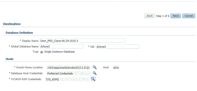 Exadata snapshot clone destination section