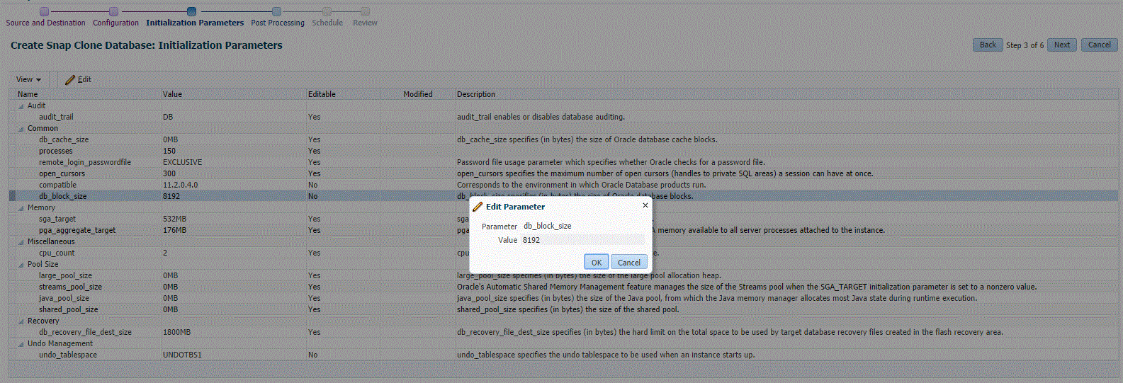 Create Snap Clone Initialization Parameters page