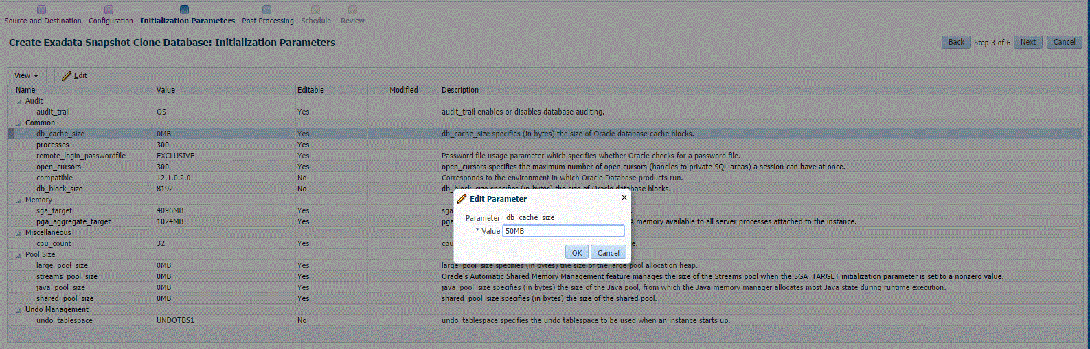 Exadata snapshot clone initialization parameters page