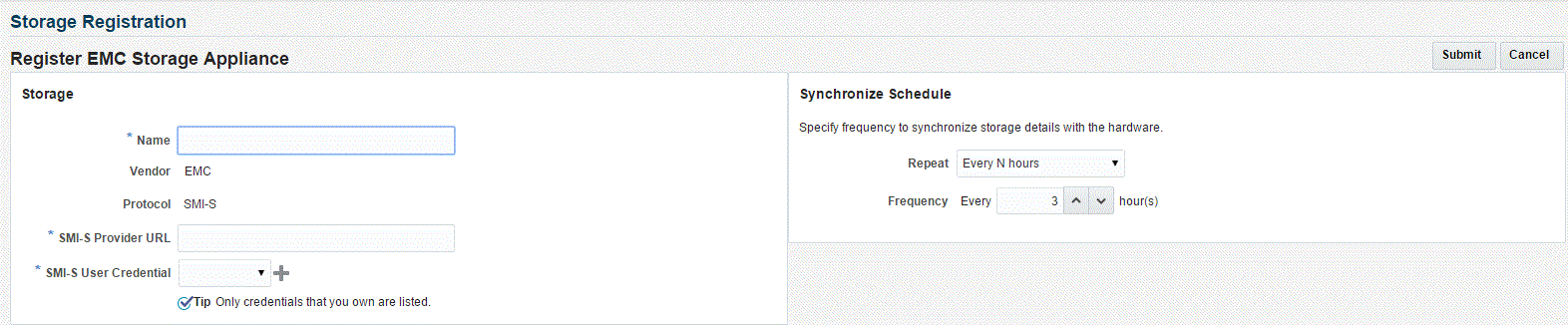 Register EMC Storage Appliance page