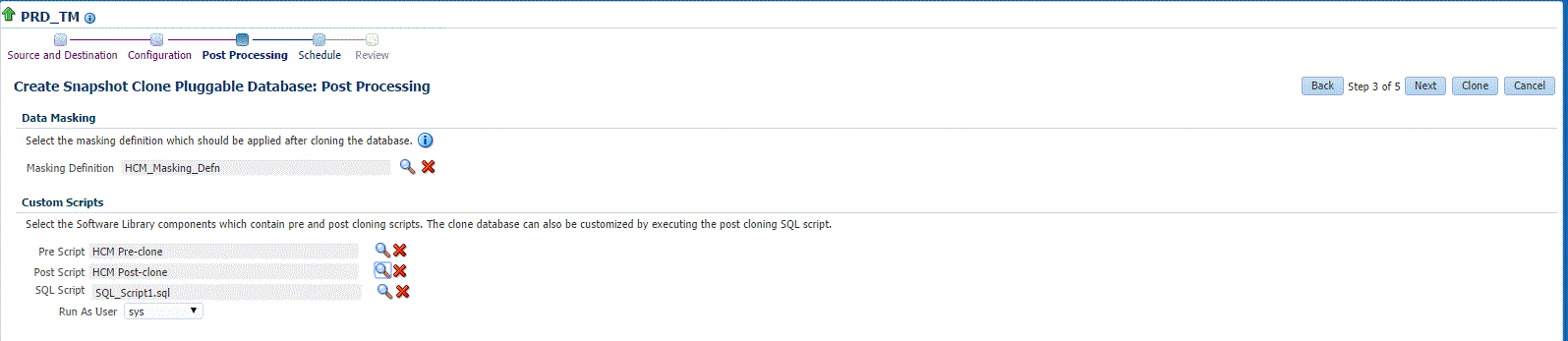 PDB exadata snapshot clone post processing page
