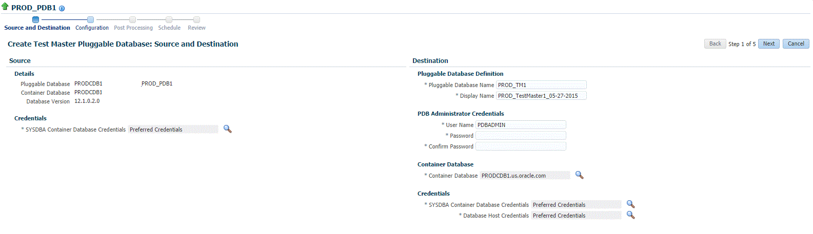 Create Test Master Pluggable Database: Source and Destination page