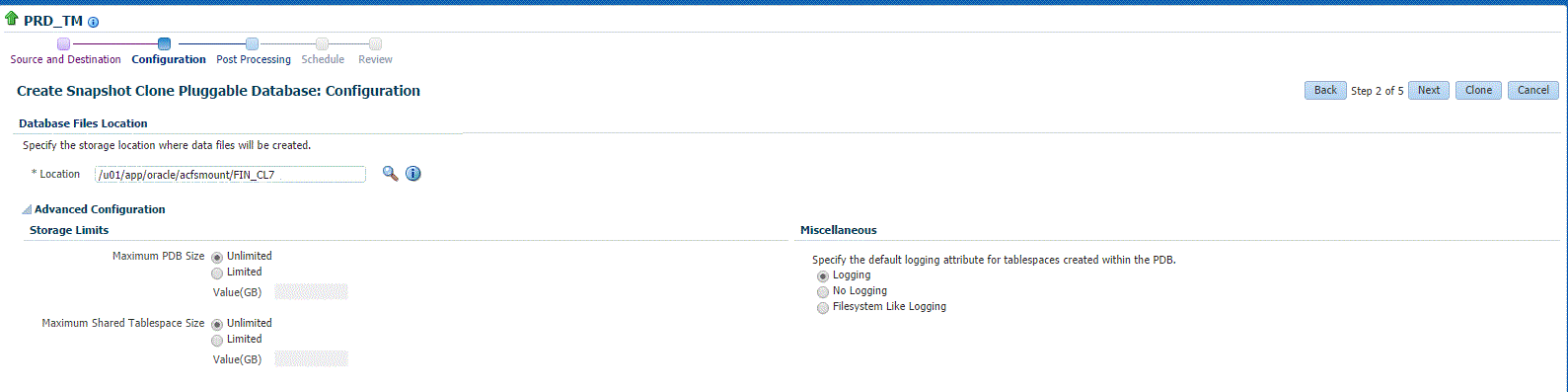 PDB ACFS snapshot clone config page