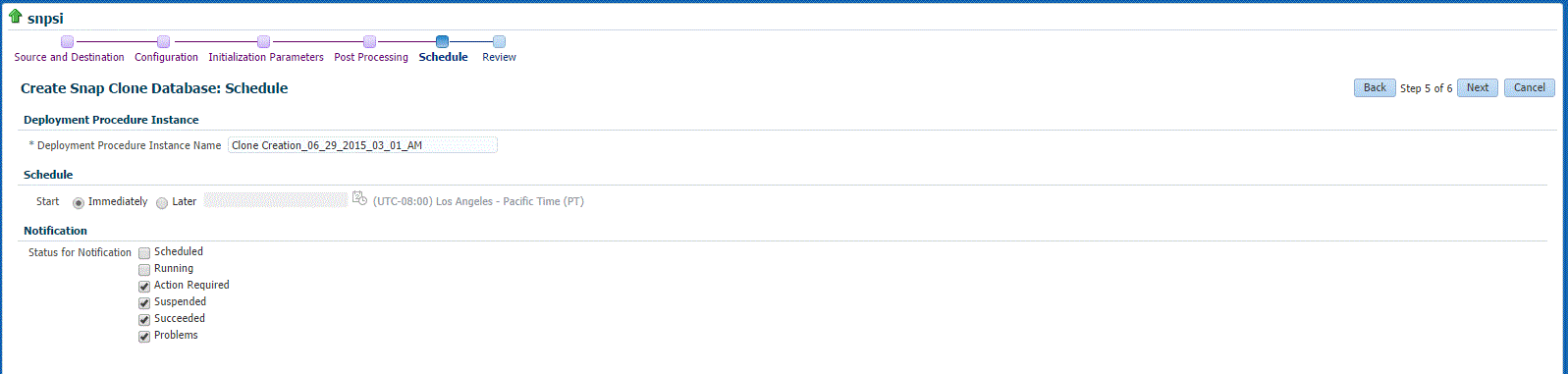 Create Snap Clone Database Schedule page