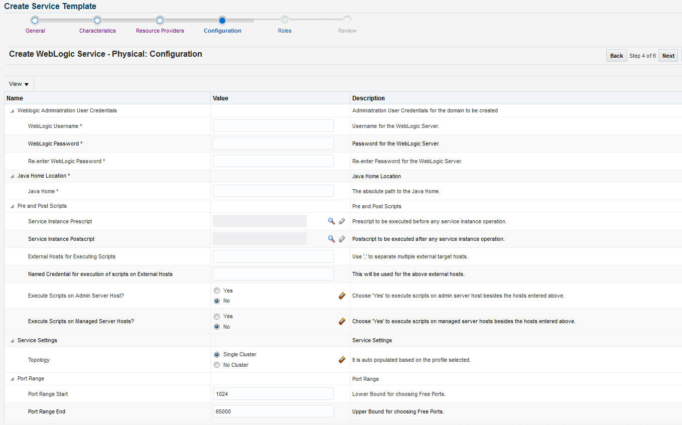 Create WebLogic Template: Configuration Create WebLogic Template: Configuration
