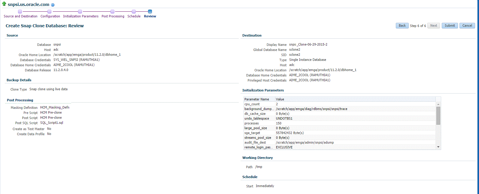 Create Snap Clone Database Review page