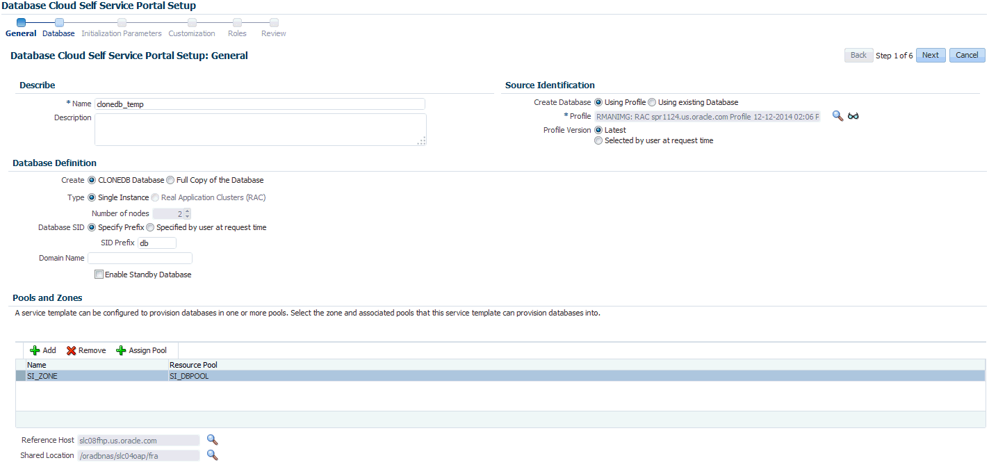 Create Service Template: General (CloneDB)