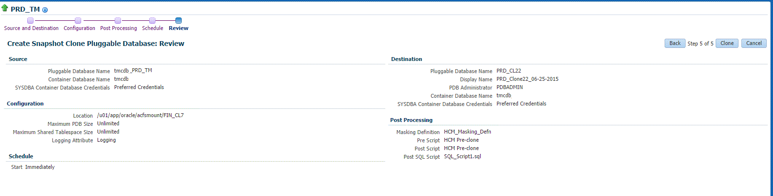 PDB ACFS snapshot clone review page