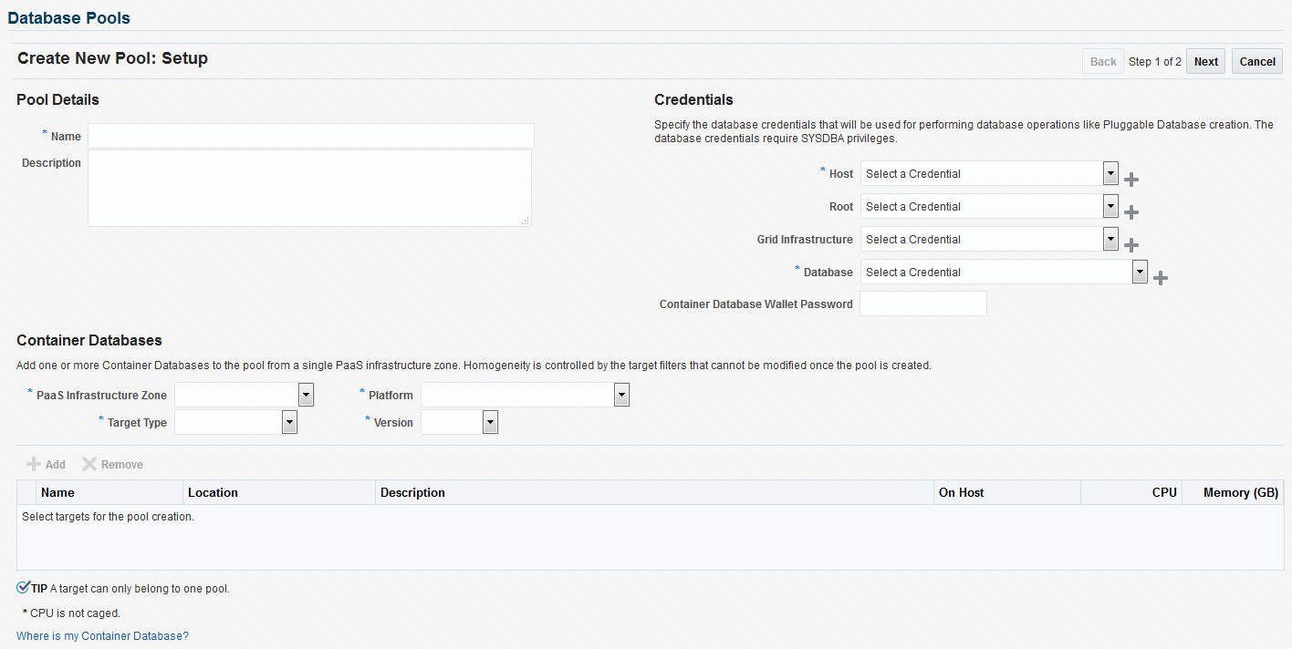 Create Database Pool: Setup Page (PDB)